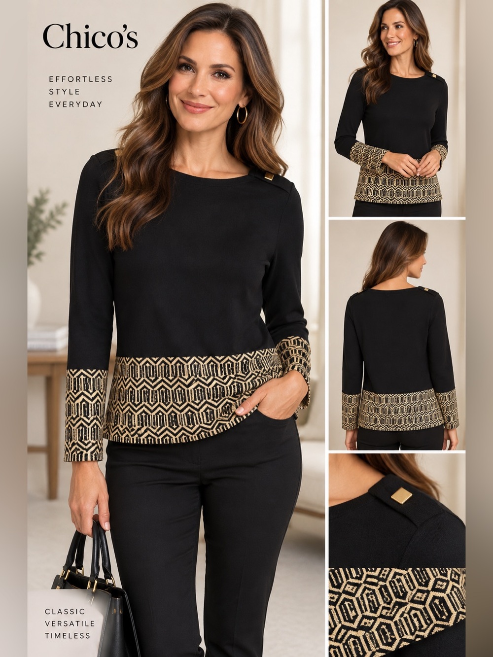 Chico's Black and Gold Patterned Long Sleeve Top